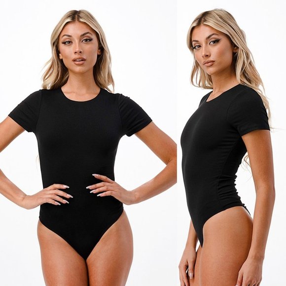 NEW Double Layered Soft Stretch Knit Crewneck T Shirt Slim Fit Bodysuit Black - Picture 6 of 10